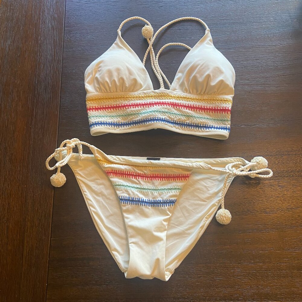 Nordstrom Soft Yellow Bikini with Color Stitching and String Tossles - Sz 6